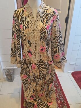 Embroidered Animal Print Tunic with Pink Floral Accents